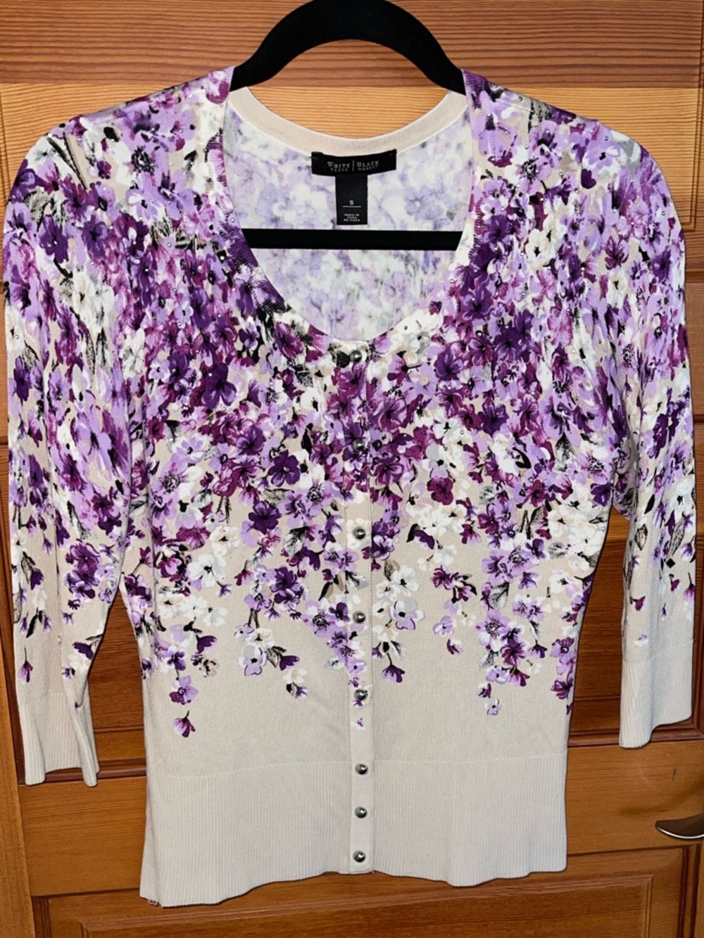 WHBM (vintage) Cream Cardigan with Purple Floral Print - size S - NWOT